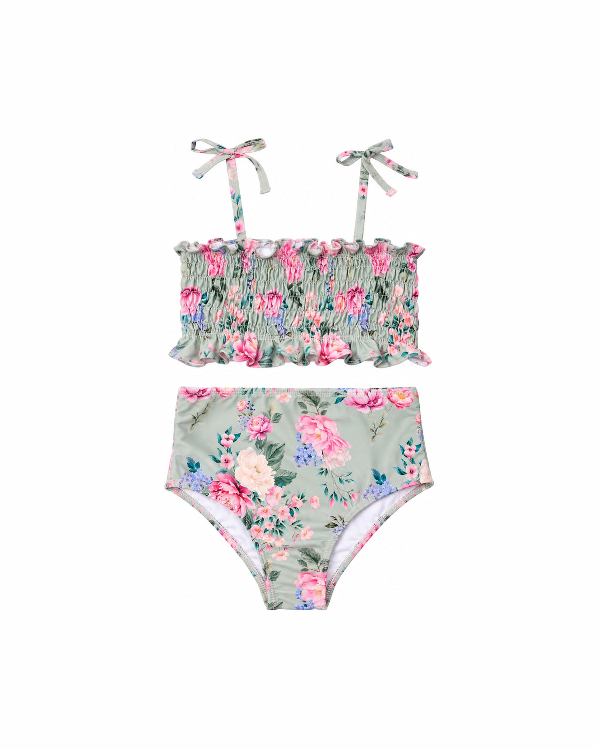 Girls Shirred Bikini – Celestine – front view flat lay | Olga Valentine luxury girls swimwear