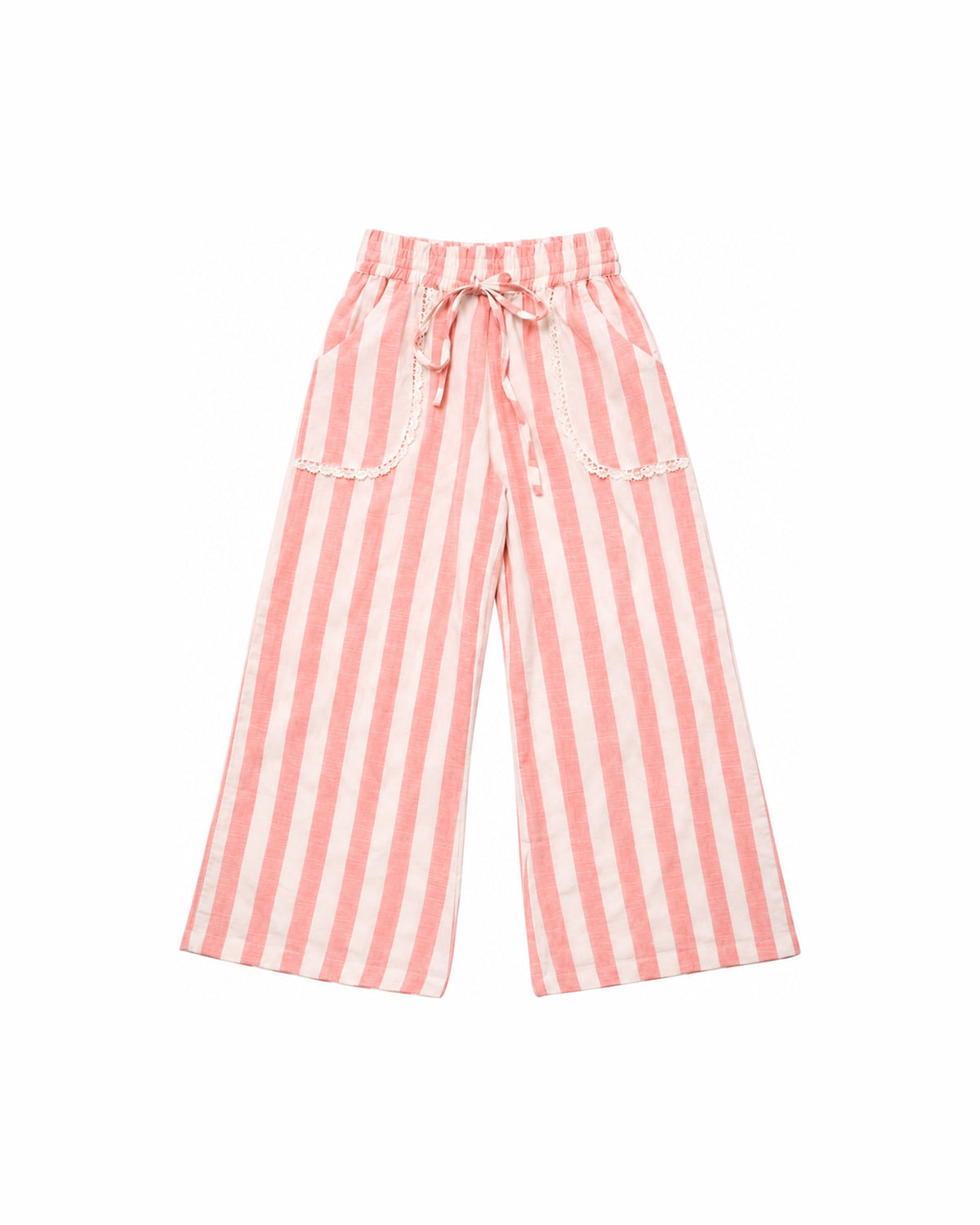 Coastal Pink Stripe Wide Leg Pants – front view flat lay | Olga Valentine luxury girls resortwear