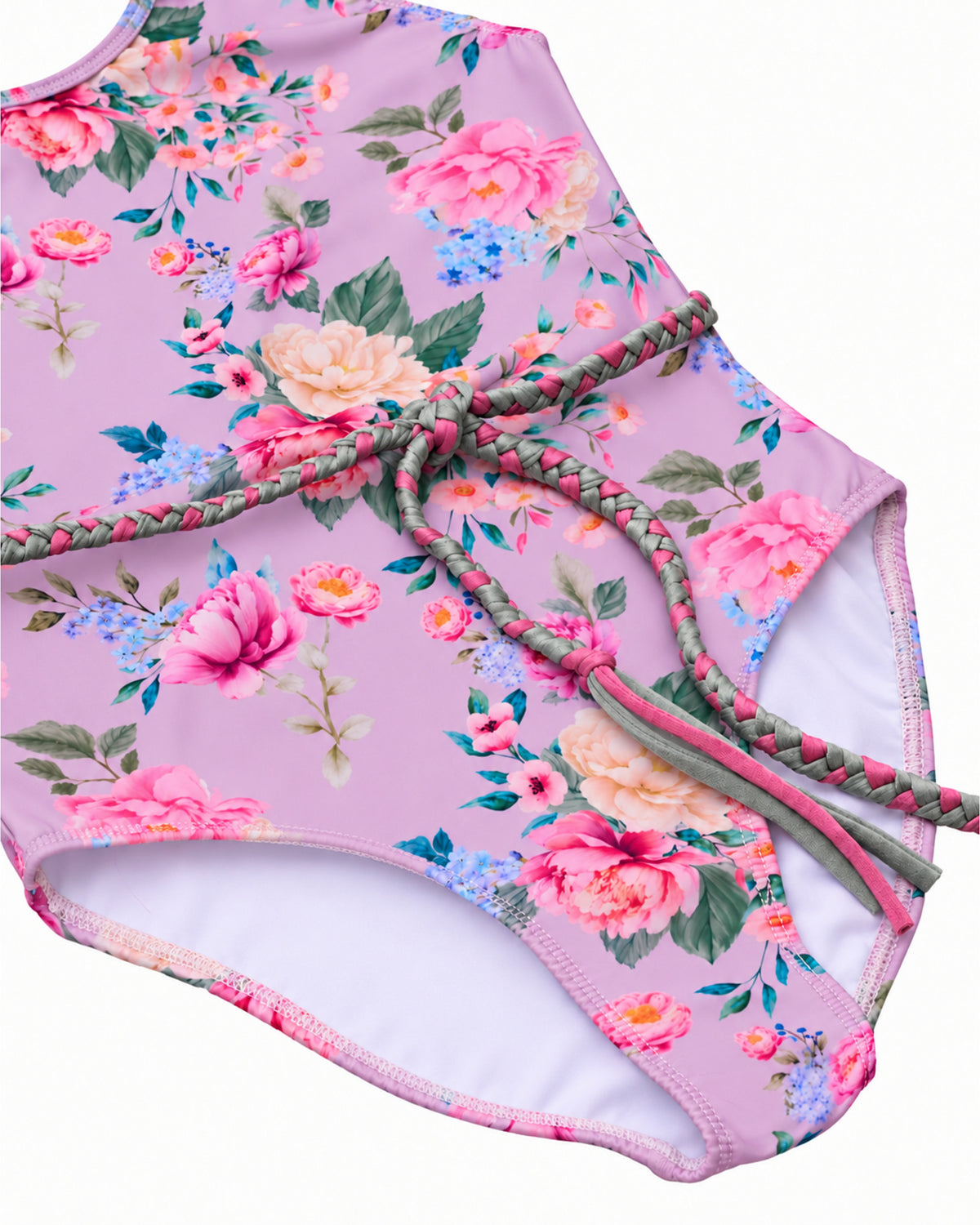 Violetta floral girls’ belted one-piece swimsuit – braided belt and lining close-up