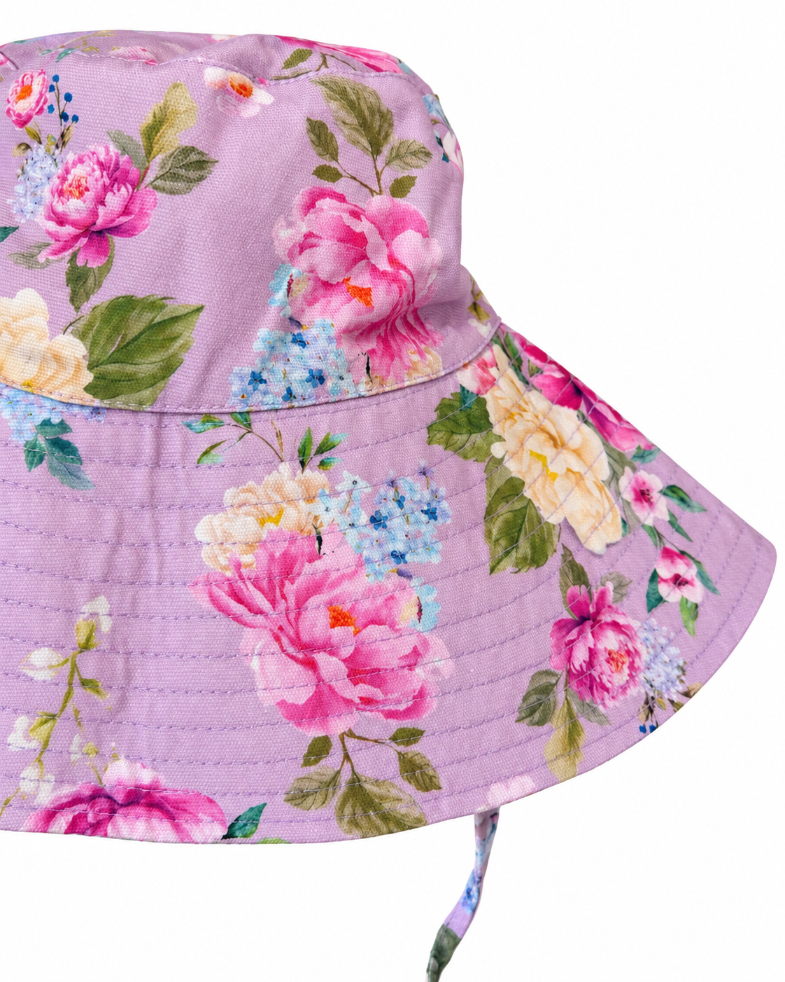 Close-up of the Violetta purple floral print and stitched brim on the Girls Bucket Hat with Ties