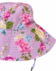 Close-up of the Violetta purple floral print and stitched brim on the Girls Bucket Hat with Ties