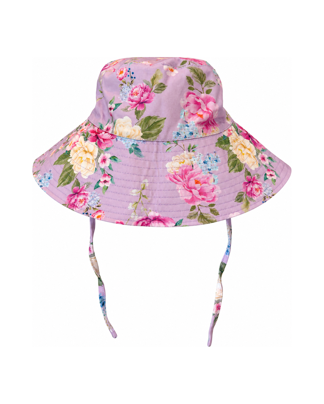 Girls Bucket Hat with Ties in Violetta purple floral print, front view | Olga Valentine luxury girls swimwear