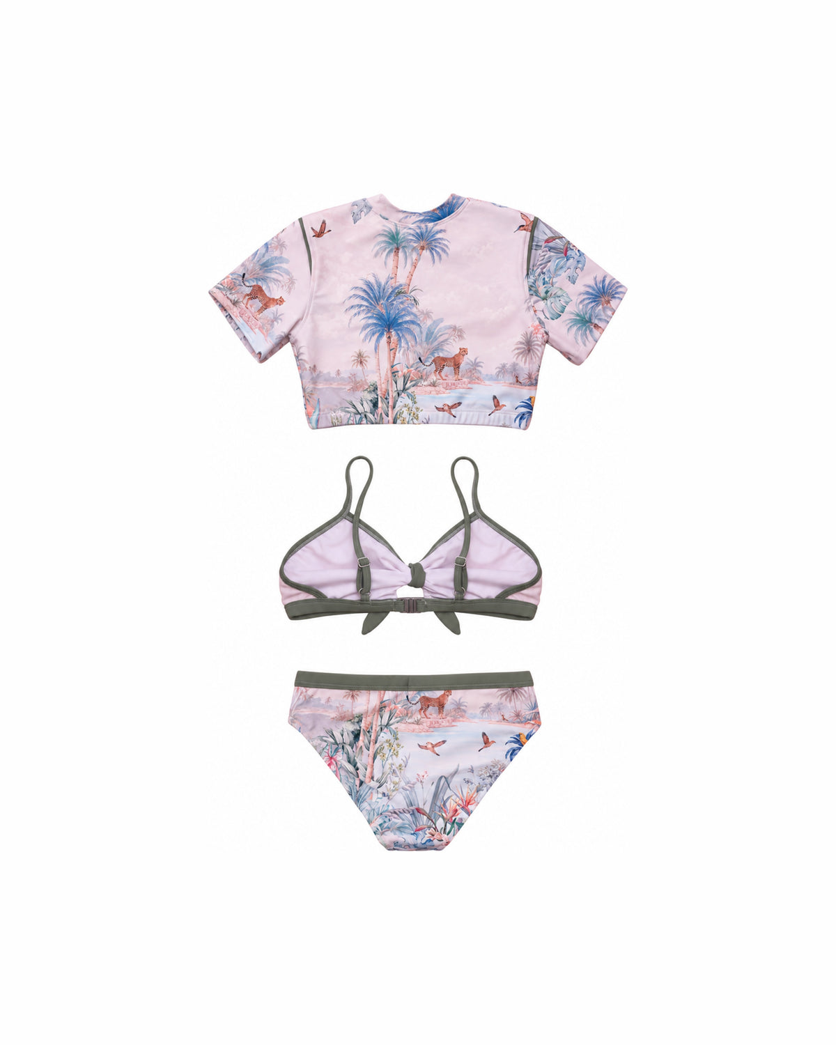 Girls 3 Piece Swim Set – Wild Palms – back view flat lay | Olga Valentine luxury girls swimwear