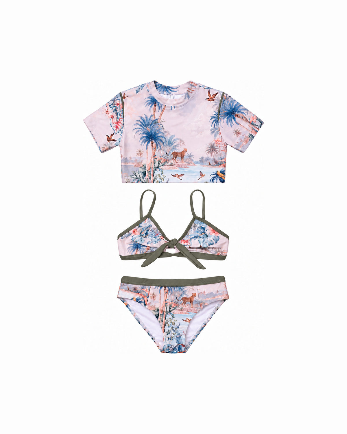 Girls 3 Piece Swim Set – Wild Palms – front view flat lay | Olga Valentine luxury girls swimwear
