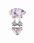 Girls 3 Piece Swim Set – Wild Palms – front view flat lay | Olga Valentine luxury girls swimwear