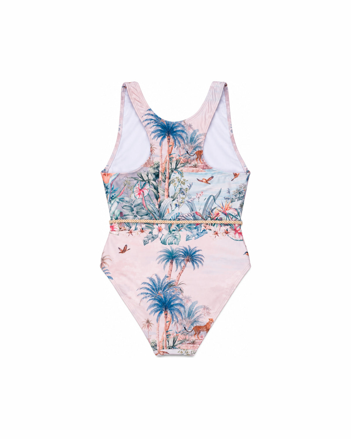 Girls T-Back One Piece with Belt – Wild Palms – back view flat lay | Olga Valentine luxury girls swimwear