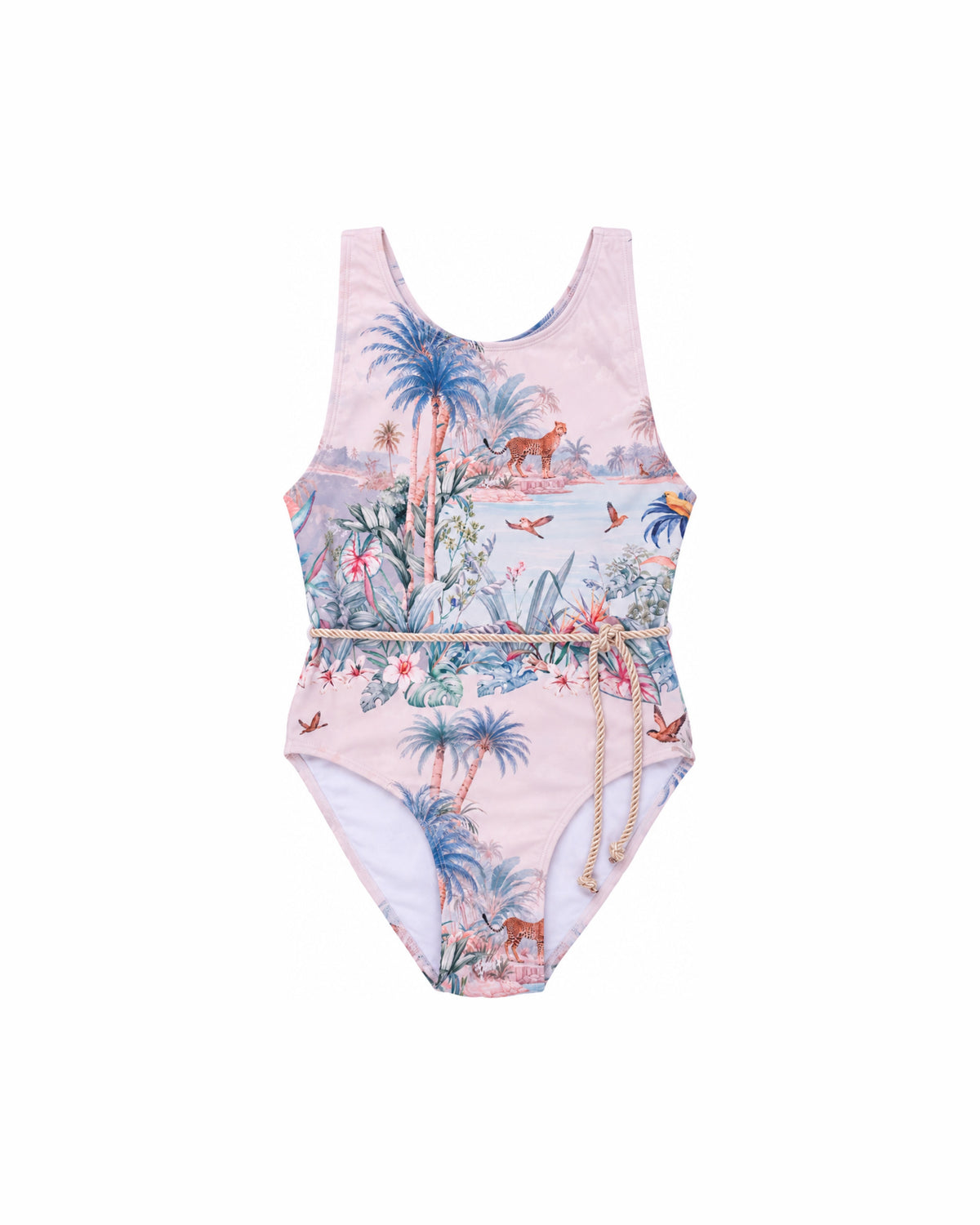 Girls T-Back One Piece with Belt – Wild Palms – front view flat lay | Olga Valentine luxury girls swimwear