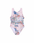 Girls T-Back One Piece with Belt – Wild Palms – front view flat lay | Olga Valentine luxury girls swimwear