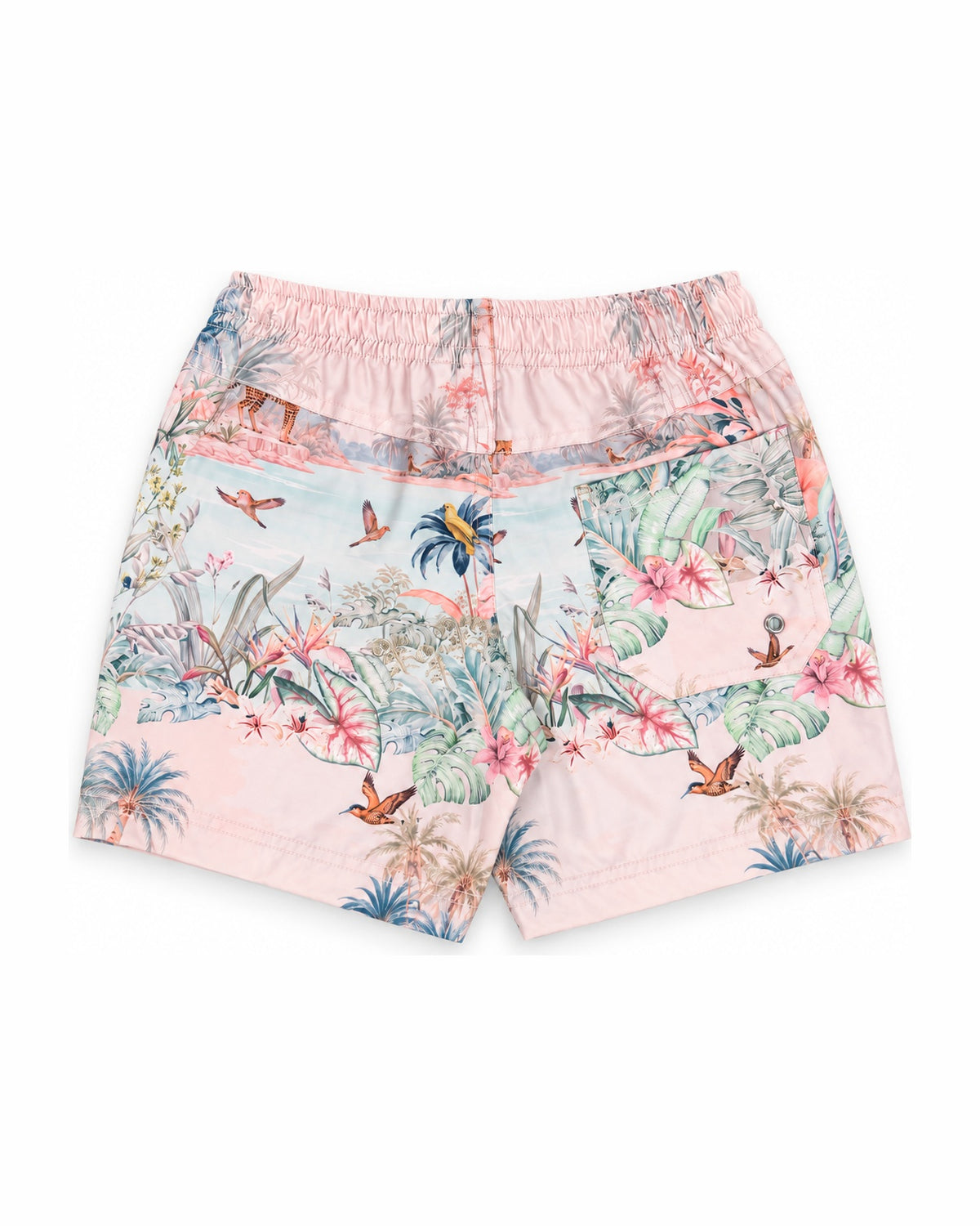 Boys Board Shorts – Wild Palms – back view flat lay | Olga Valentine luxury boys swimwear