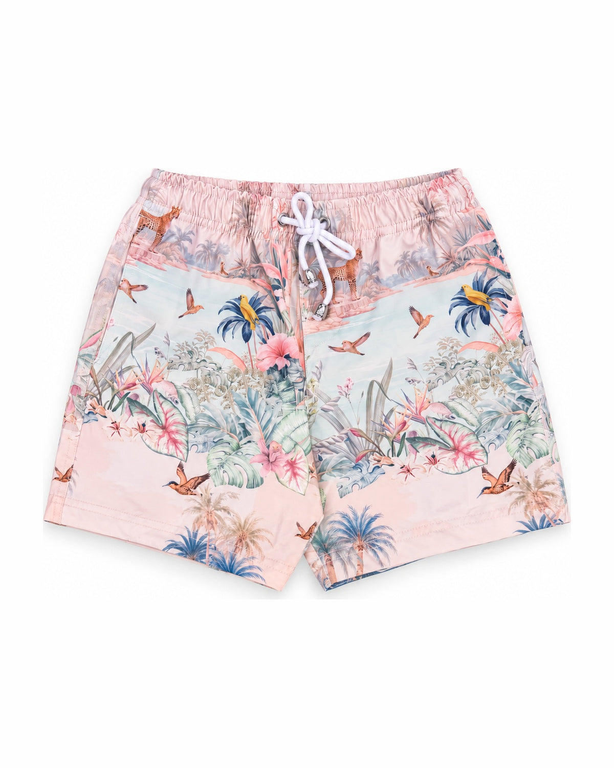 Boys Board Shorts – Wild Palms – front view flat lay | Olga Valentine luxury boys swimwear