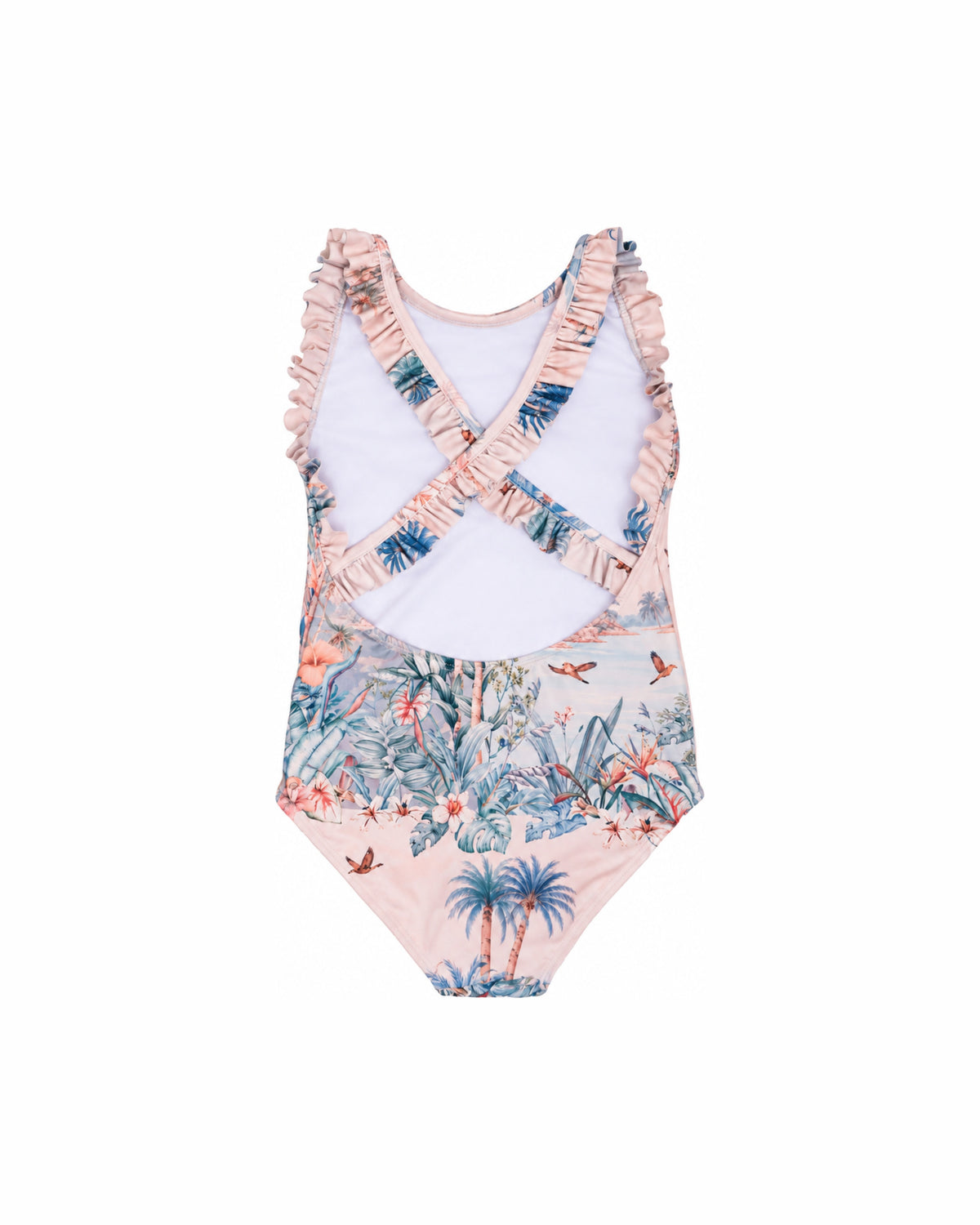 Girls Frill Cross Back One Piece – Wild Palms – back view flat lay | Olga Valentine luxury girls swimwear