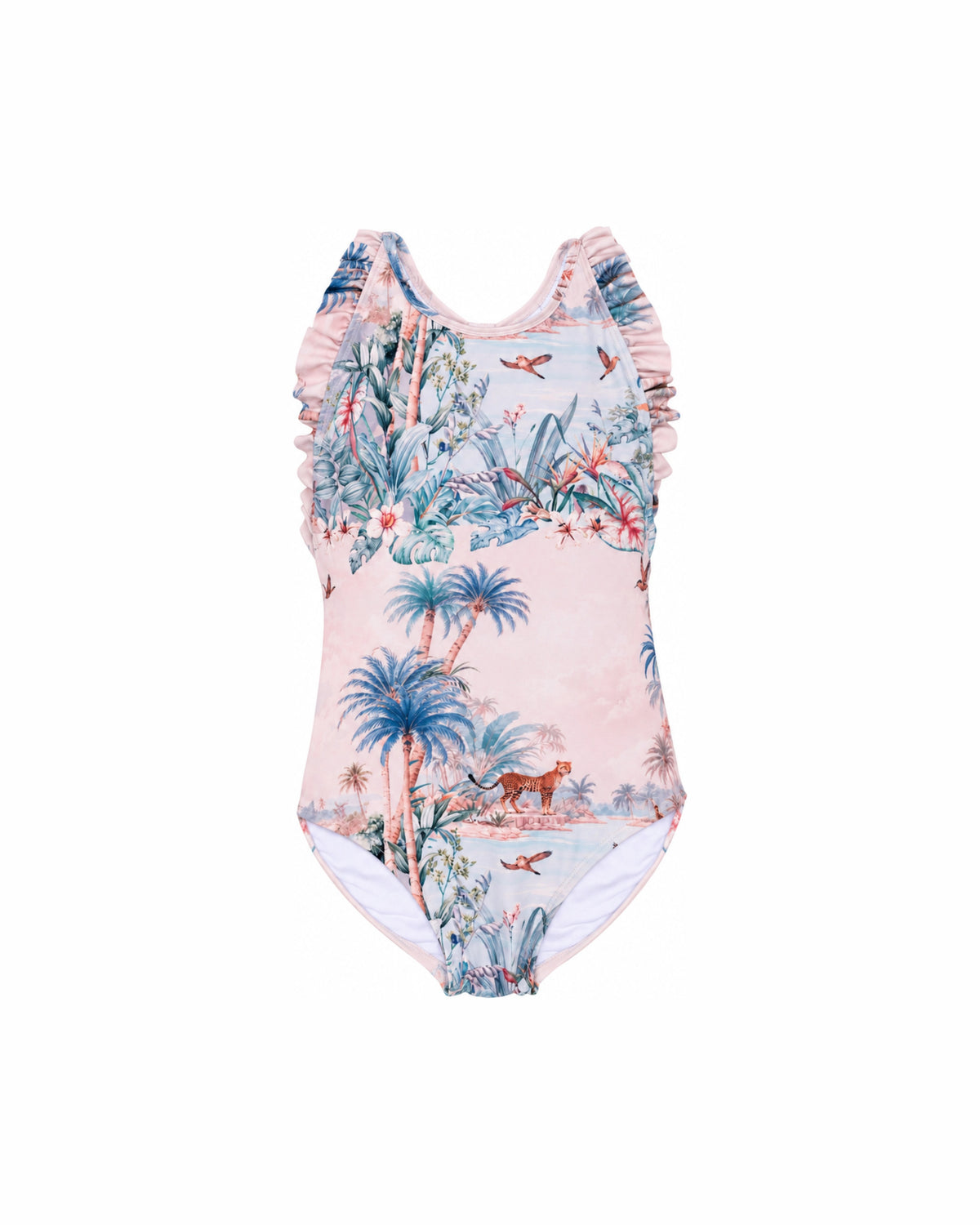 Girls Frill Cross Back One Piece – Wild Palms – front view flat lay | Olga Valentine luxury girls swimwear