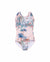 Girls Frill Cross Back One Piece – Wild Palms – front view flat lay | Olga Valentine luxury girls swimwear