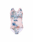 Girls Frill Cross Back One Piece – Wild Palms – front view flat lay | Olga Valentine luxury girls swimwear