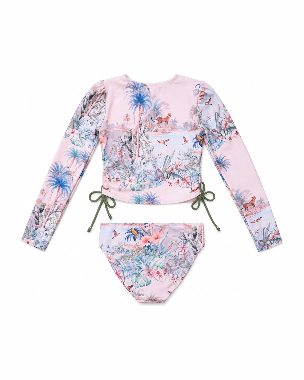 Girls Long Sleeve 2 Piece Swim Set – Wild Palms – back view flat lay | Olga Valentine luxury girls swimwear