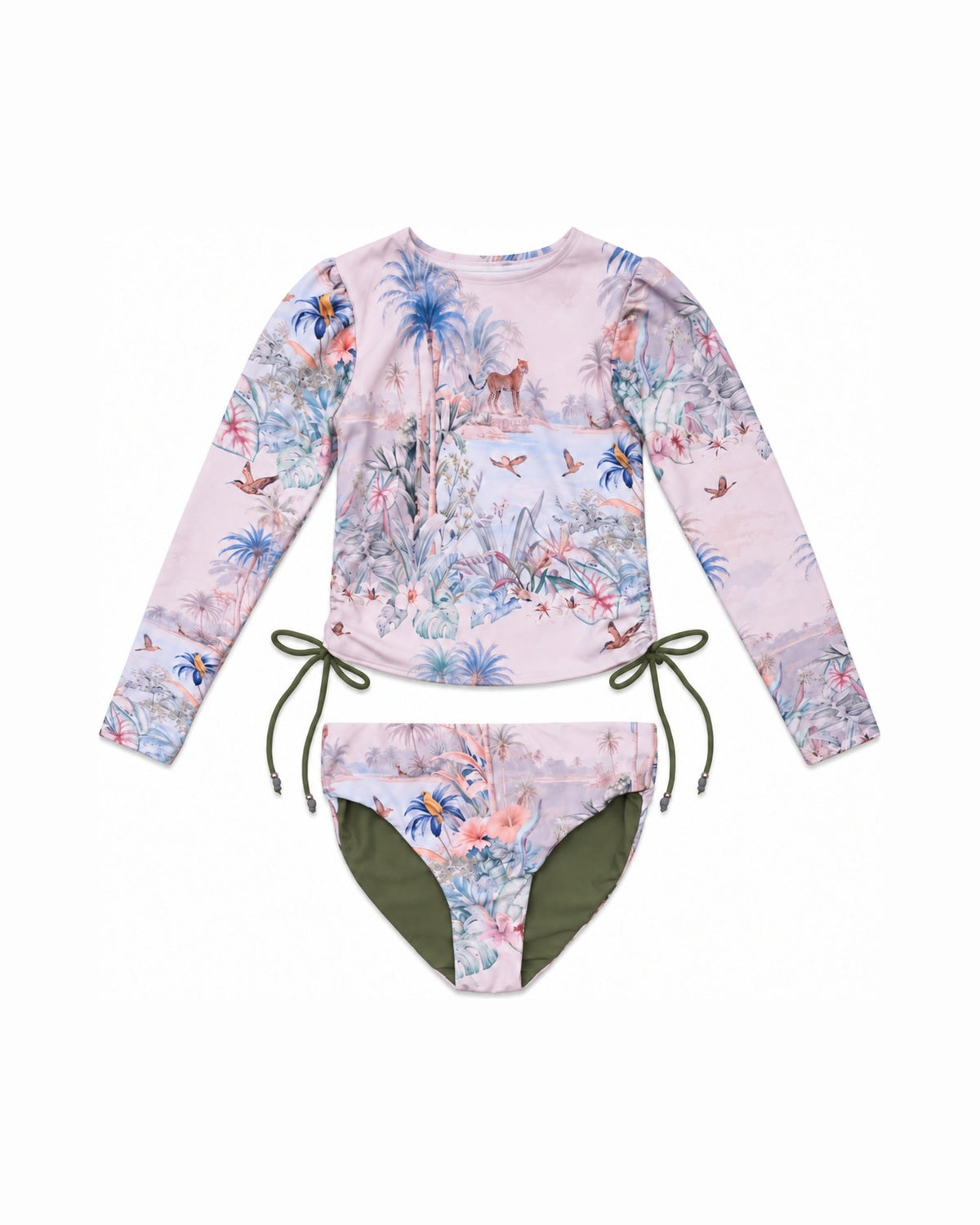 Girls Long Sleeve 2 Piece Swim Set – Wild Palms – front view flat lay | Olga Valentine luxury girls swimwear