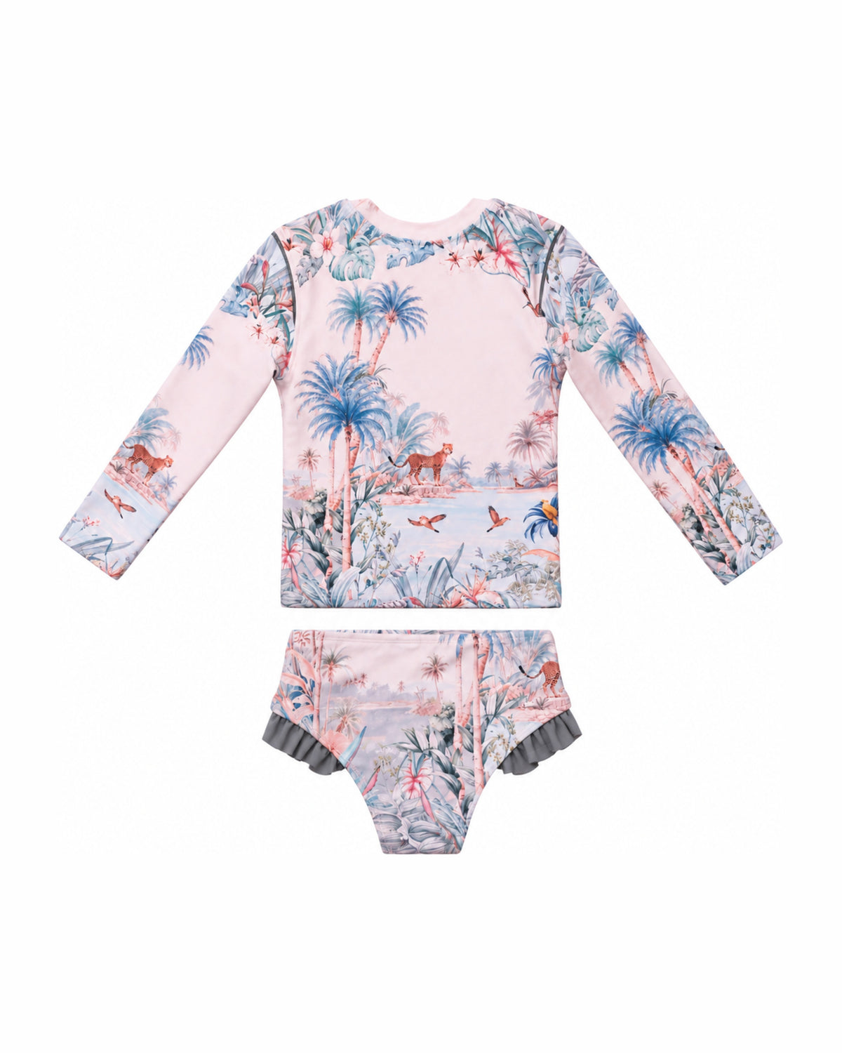 Girls 2 Piece Swim Set – Wild Palms – back view flat lay | Olga Valentine luxury girls swimwear