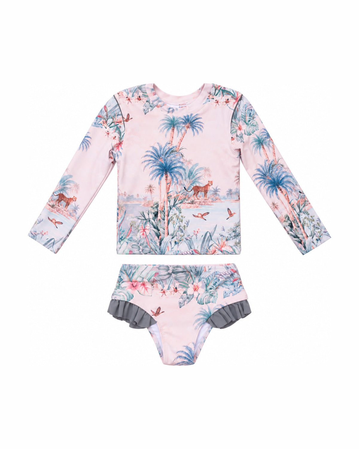 Girls 2 Piece Swim Set – Wild Palms – front view flat lay | Olga Valentine luxury girls swimwear