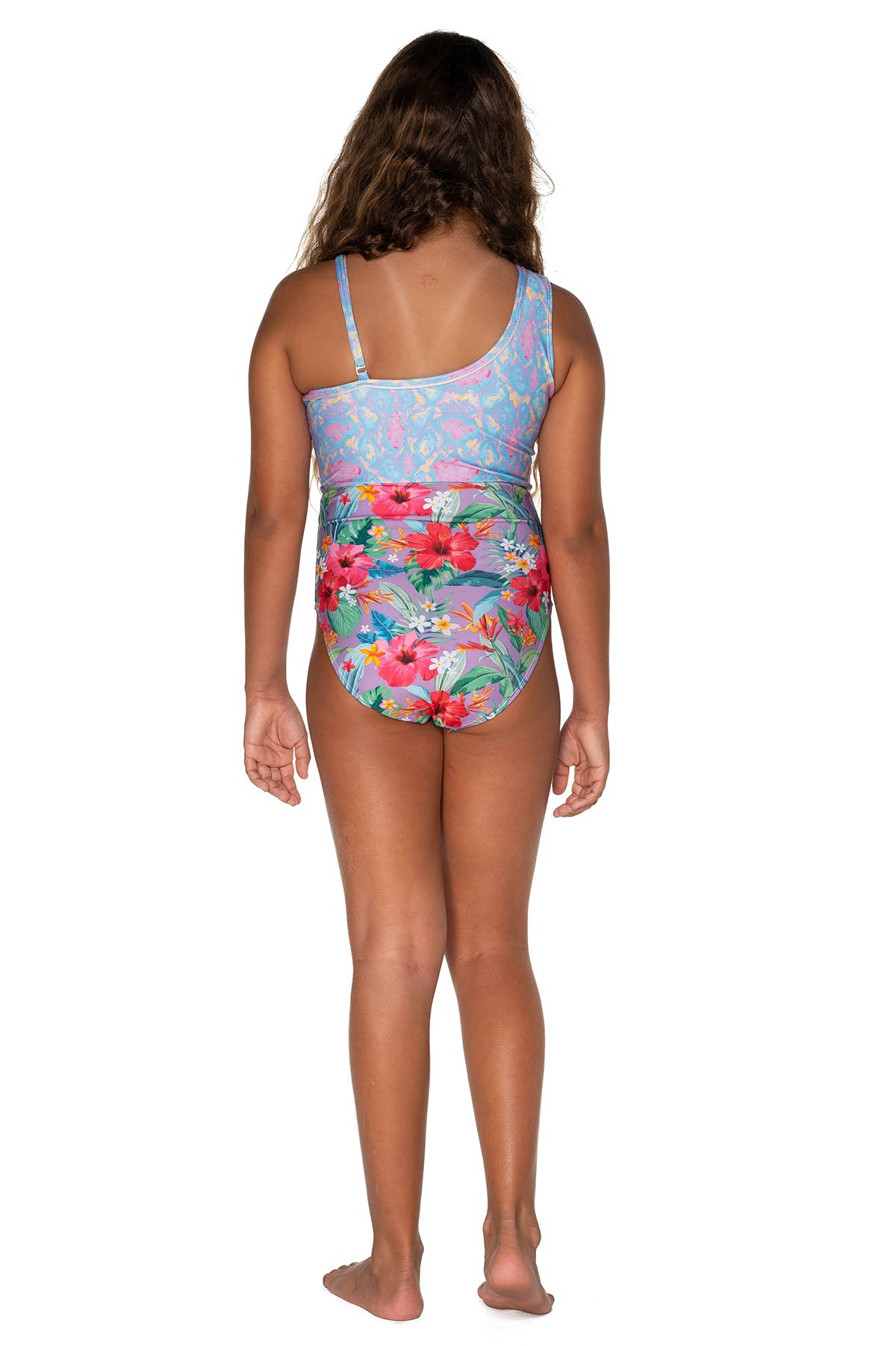 Girls One Piece Swimsuit - Purple Hawaiian Floral - Ayana - Back