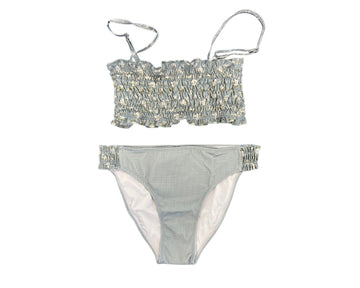 Olga Valentine Swimwear's Autumn Flowers Ruching Teen Bikini in Grey. The top of the bikini features a light-coloured flower pattern on a grey background. The bikini bottom features a similar design around the waist.