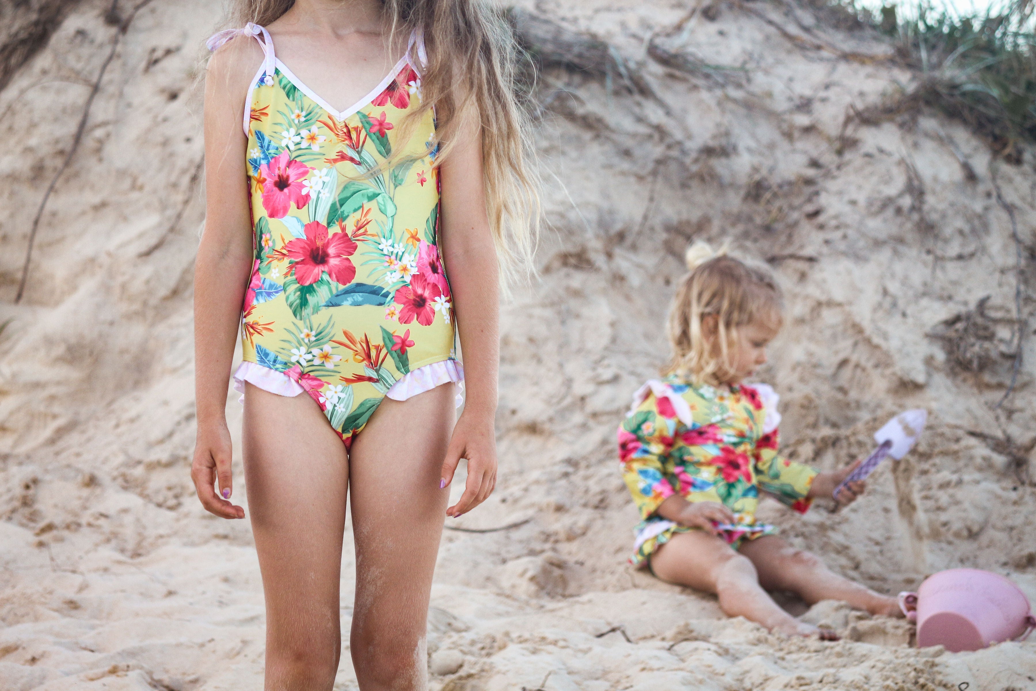 Girls Frilly One Piece Swimsuit - Yellow Hawaiian Floral - Lei - Lifestyle 3