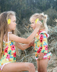 Girls Frilly One Piece Swimsuit - Yellow Hawaiian Floral - Lei - Lifestyle 5