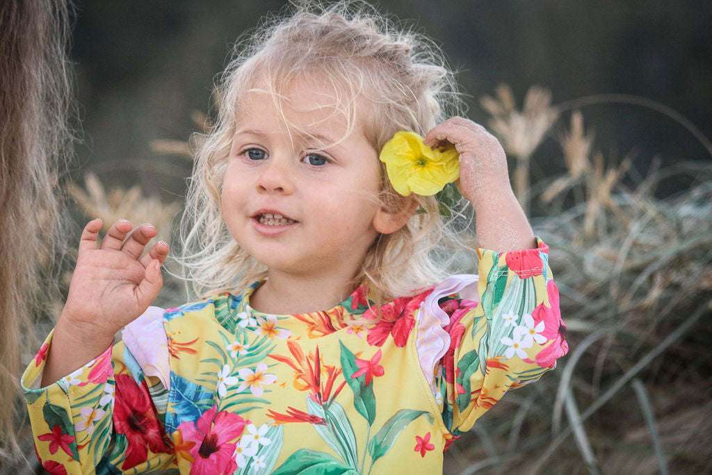 Girls Swim Set - Yellow Hawaiian Floral - Lei - Lifestyle 2