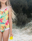 Girls Frilly One Piece Swimsuit - Yellow Hawaiian Floral - Lei - Lifestyle 1