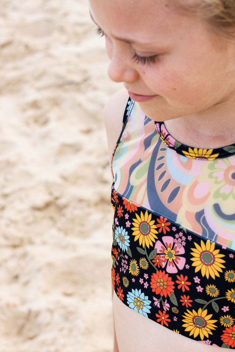 Girls Mesh Bikini Black Floral Daisy Olga Valentine Swimwear