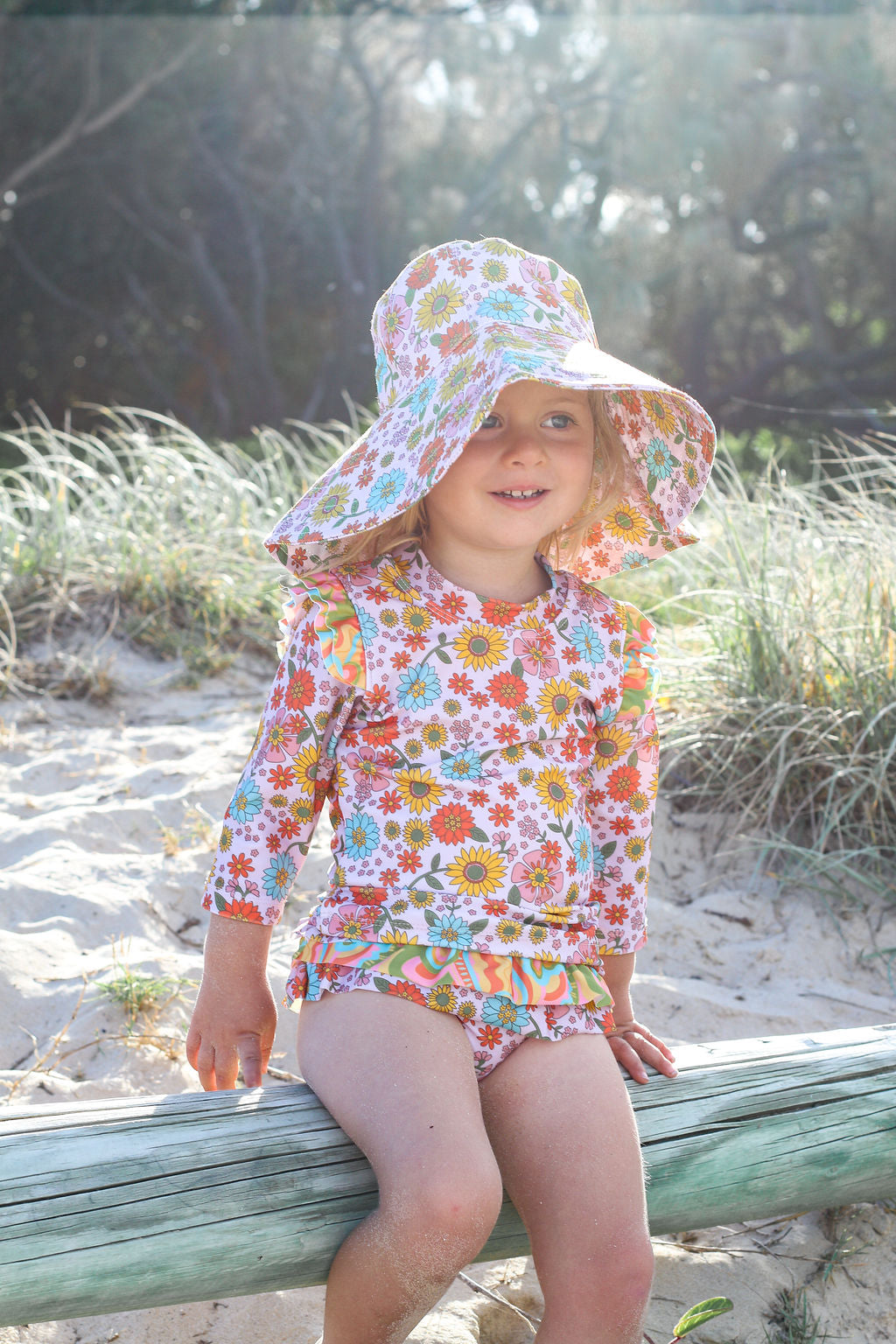 Girls Long Sleeve Swim Set - Pink Retro Floral - Harmony - Lifestyle 1