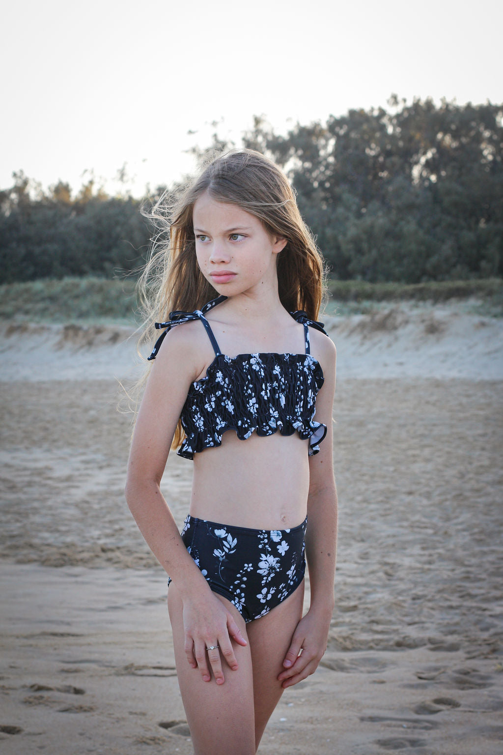 Girls Ruched High Waist Bikini - Black Floral - California - Lifestyle 1