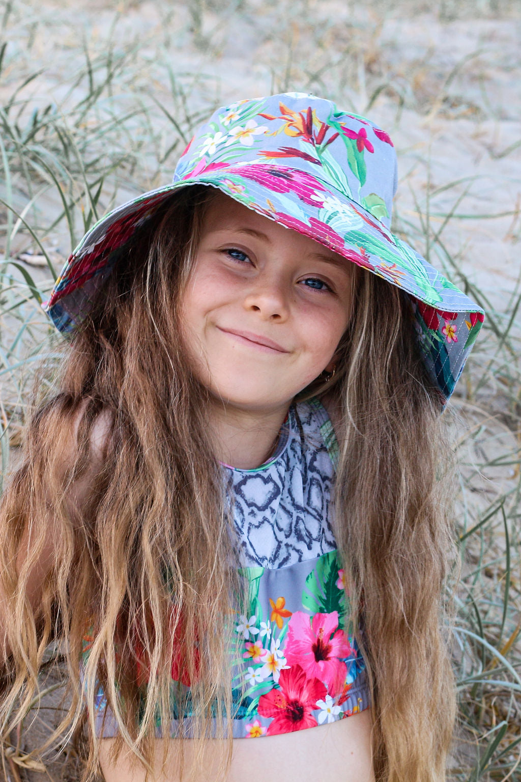 Girls Bucket Hat - Grey Hawaiian Floral - Isla - Lifestyle 1