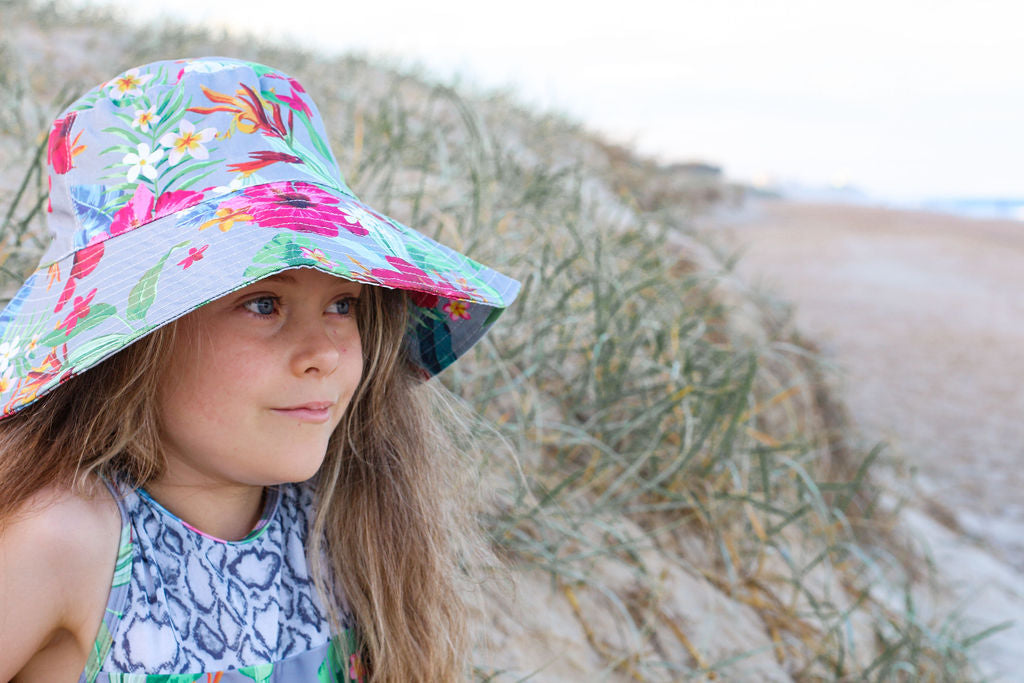 Girls Bucket Hat - Grey Hawaiian Floral - Isla - Lifestyle 2