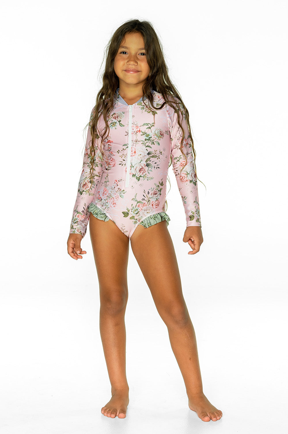 Girls Long Sleeve Swimsuit - Pink Floral - Adore - Front