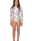 Girls Long Sleeve Swimsuit - White Floral - Day Dream - Front
