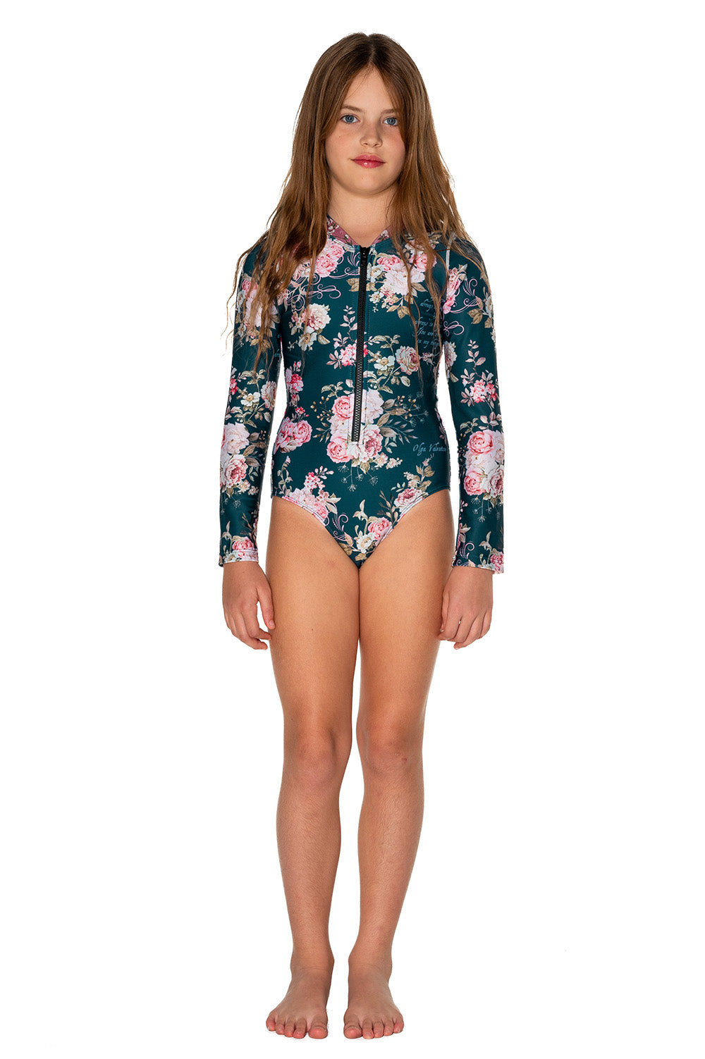 Girls Long Sleeve Swimsuit - Navy Blue Floral - Passionate - Front