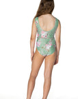 Girls One Piece Swimsuit - Green Floral with Belt - Sweetheart - Back
