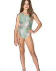 Girls One Piece Swimsuit - Green Floral with Belt - Sweetheart - Front