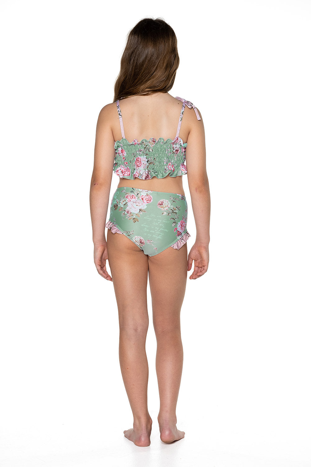 Girls Ruched Bikini - Green Floral - High Waisted - Sweetheart - Back