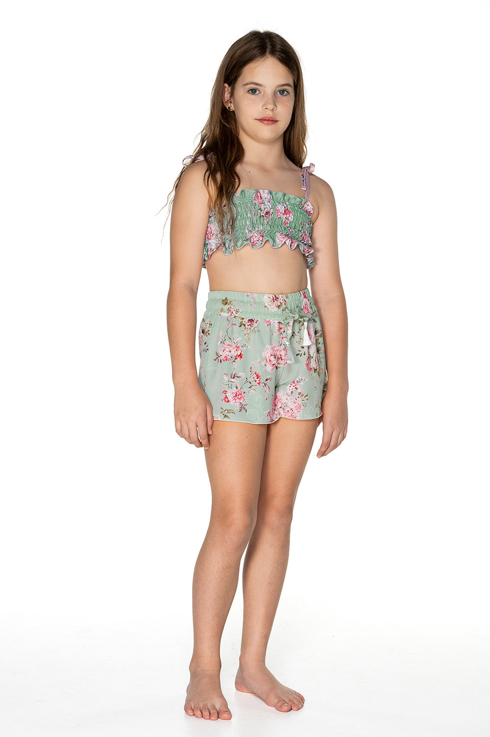 Girls Board Shorts - Green Floral - Passionate - Front