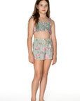 Girls Board Shorts - Green Floral - Passionate - Front