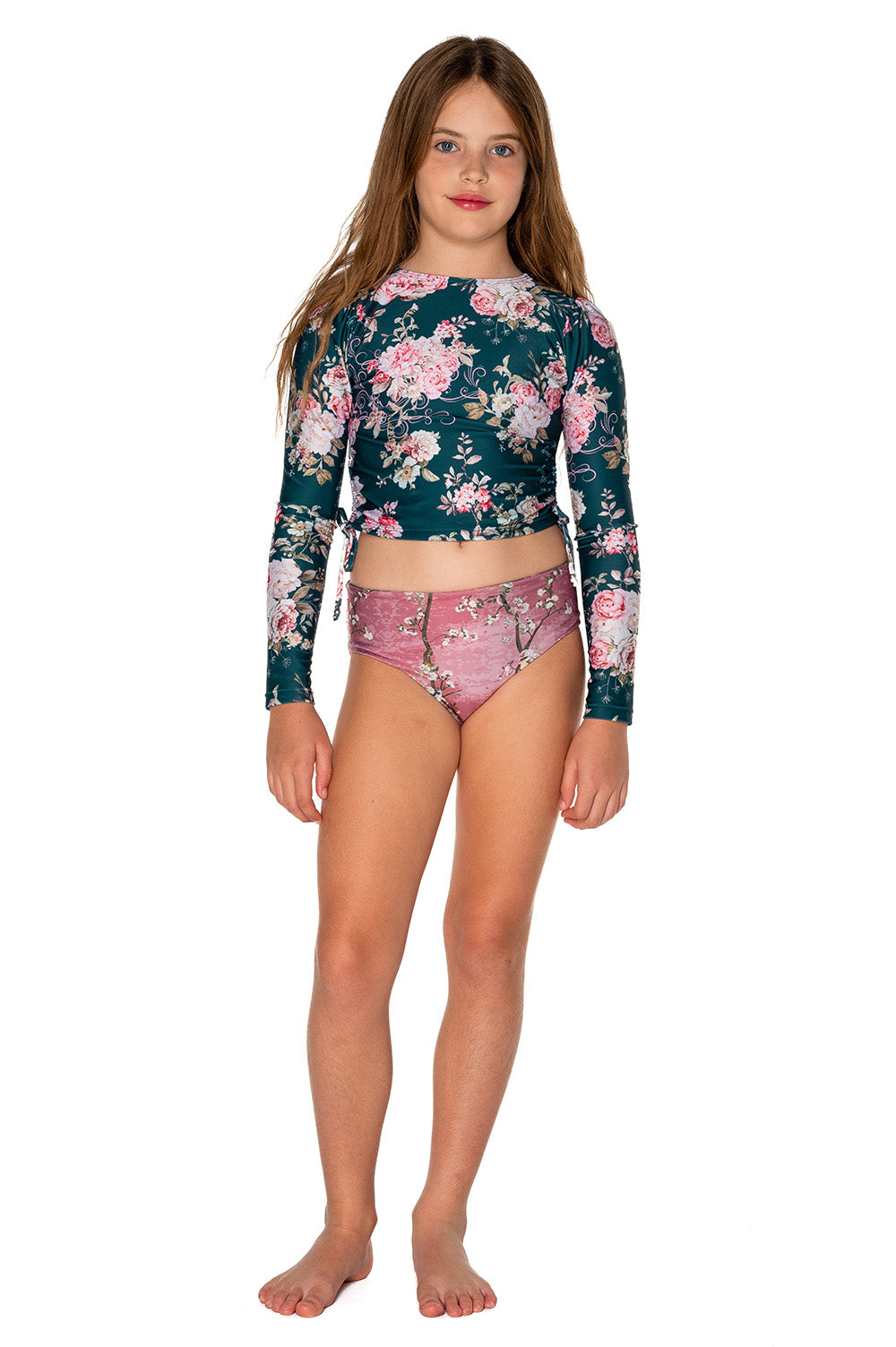 Girls Long Sleeve Swim Set - Navy Blue Floral - Passionate - Front 2