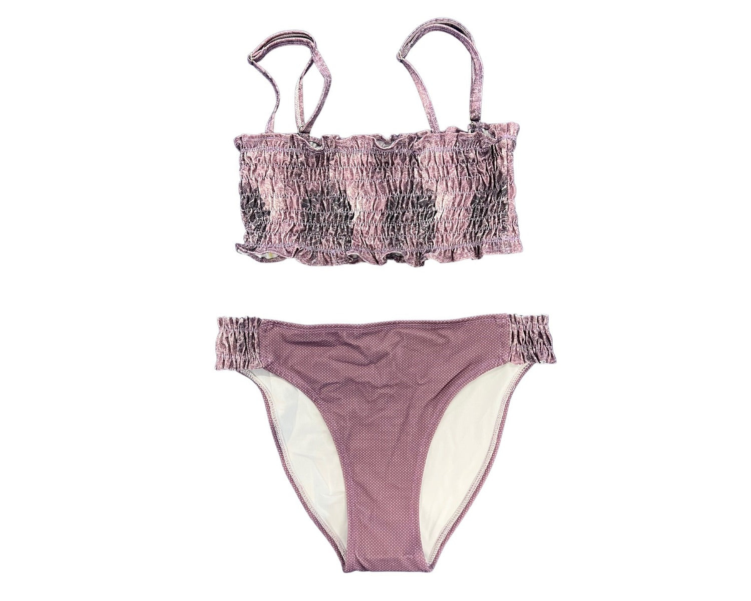 Olga Valentine Swimwear's Mandala Ruching Teen Bikini in Purple. The top of the bikini features a purple mandala pattern. The bikini bottom is also purple and features a similar design around the waist. 