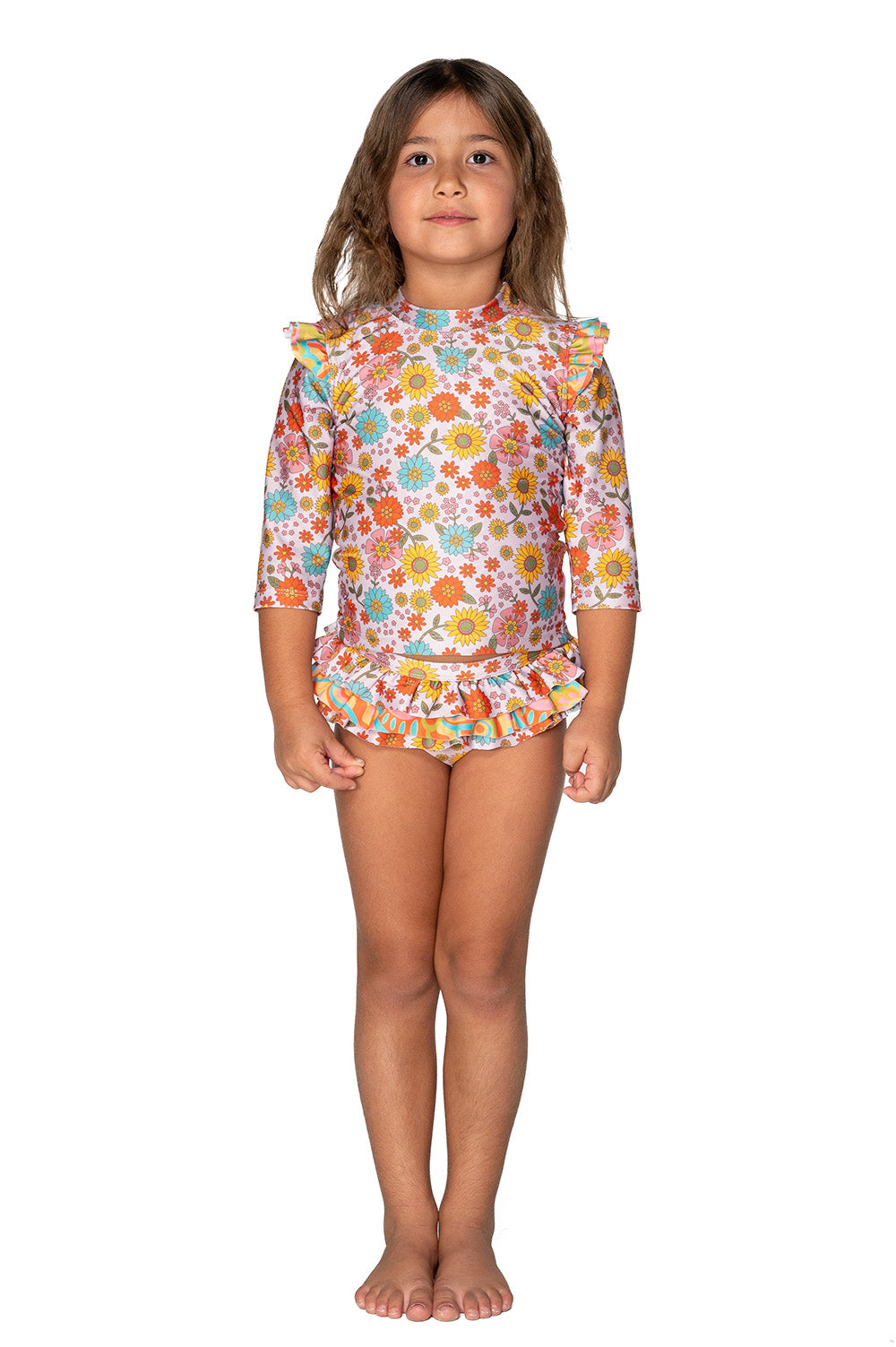 Girls Long Sleeve Swim Set - Pink Retro Floral - Harmony - Front