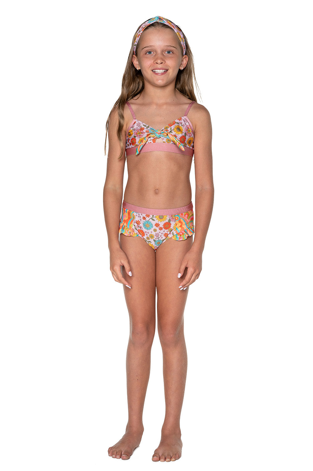 Girls Bikini Swim Set - Pink Retro Floral - Harmony - Front 2