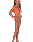 Girls Long Sleeve One Piece Zip Swimsuit - Orange - Jesabell - Front