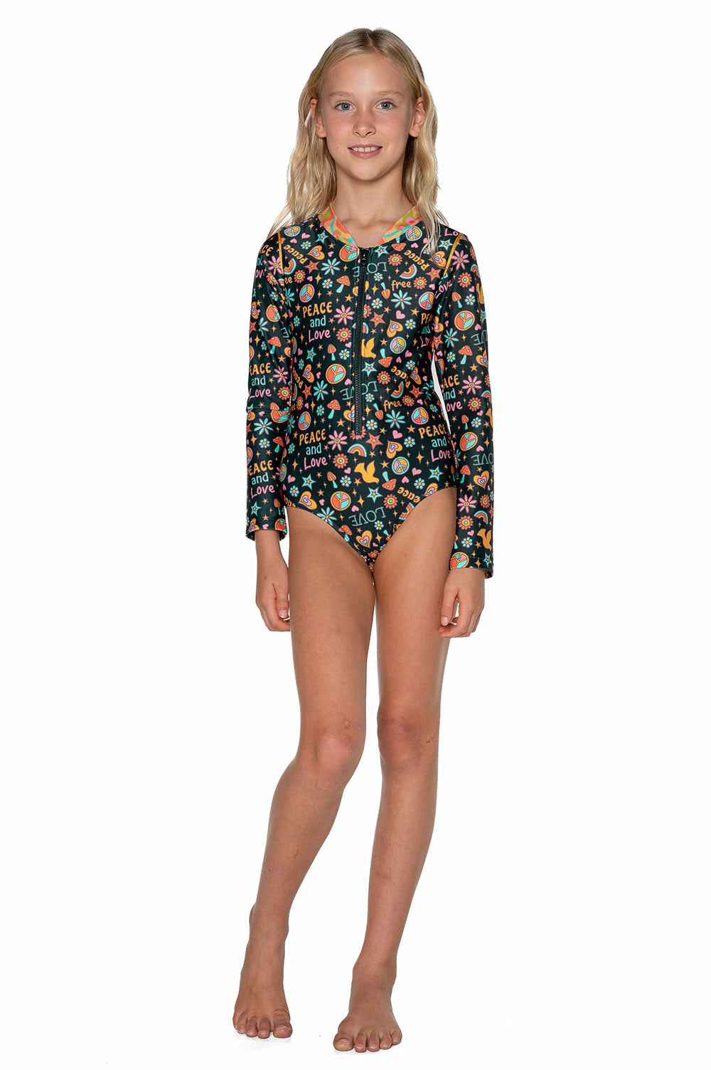 Girls Long Sleeve One Piece Zip Swimsuit - Black - Lola - Front