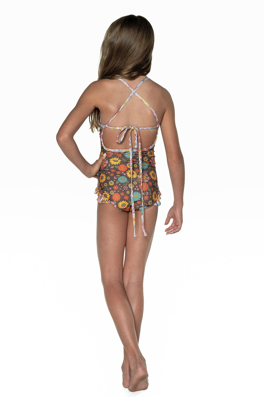 Girls One Piece Cross Back Swimsuit - Brown Floral - Poppy - Back