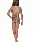 Girls One Piece Cross Back Swimsuit - Brown Floral - Poppy - Back