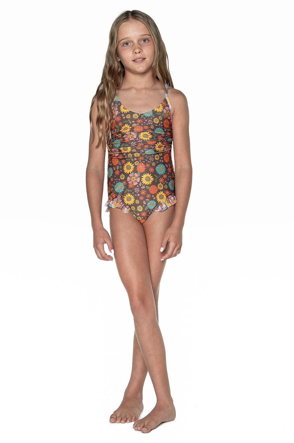 Girls One Piece Cross Back Swimsuit - Brown Floral - Poppy - Front
